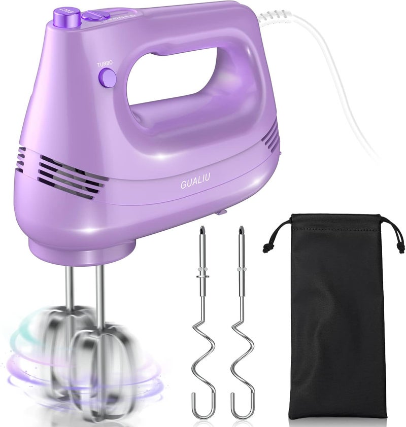 GUALIU Electric Hand Mixer with Stainless Steel Whisk, Dough Hook Attachment and Storage Bag, Handheld Mixer for Baking Cakes, Eggs, Cream Food Mixers. Turbo Boost /5 Speed Kitchen Blender PURPLE - Image 1